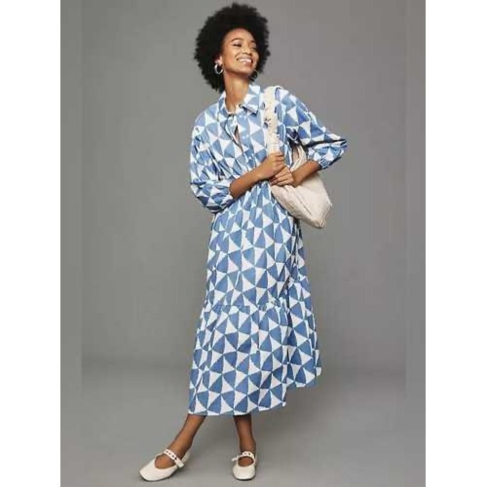 Maeve Bettina Tiered Midi Shirt Dress Blue White Geometric XXS Petite